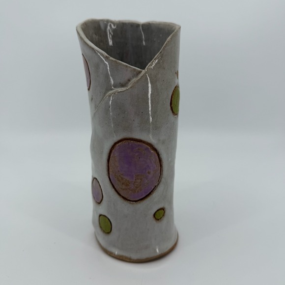 Handmade Other - Vtg Studio Pottery Vase Signed Dated Purple Green Polka Dot Handmade Ceramic
